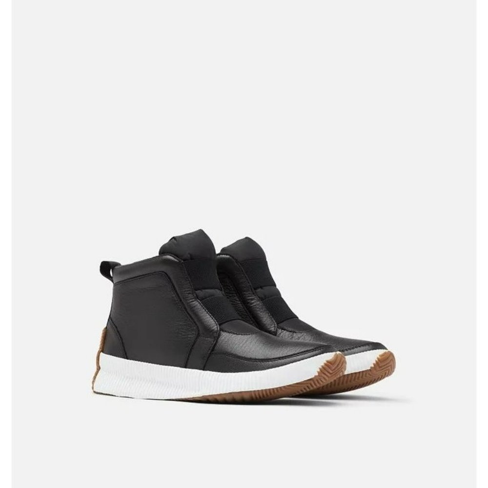 Sorel Black Leather Slip-On Ankle Sneakers with White Midsole and Brown Outsole